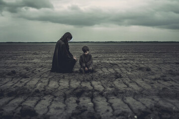 Mother with son in depression on empty field in outdoor