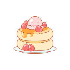 Strawberry dessert icon. Flat cartoon illustration of a stack of pancakes with syrup, scoop of ice cream and berries. Vector 10 EPS.