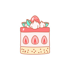 Strawberry dessert icon. Flat cartoon illustration of a cake decorated with cream and berries. Vector 10 EPS.