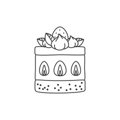 Strawberry dessert icon. Flat cartoon illustration of a cake decorated with cream and berries isolated on a white background. Vector 10 EPS.