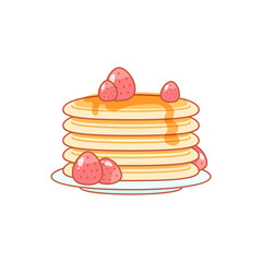 Strawberry dessert icon. Flat cartoon illustration of a stack of pancakes with berries. Vector 10 EPS.