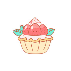 Strawberry dessert icon. Flat cartoon illustration of a creamy cupcake. Vector 10 EPS.