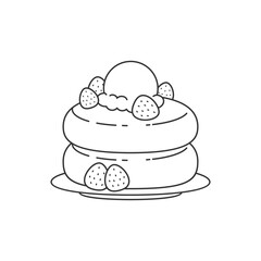 Strawberry dessert icon. Flat cartoon illustration of a stack of pancakes with scoop of ice cream and berries isolated on a white background. Vector 10 EPS.