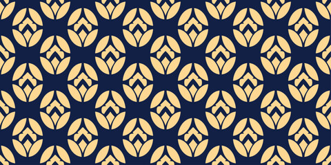 Blue background with repeating ornament. For print and stylish design. Vector pattern with yellow shapes.