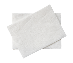 Top view of two folded pieces of white tissue paper or napkin in stack isolated on white background with clipping path in png file format
