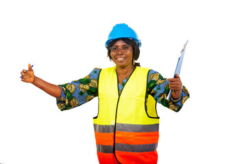 close up of happy beautiful female engineer in protective helmet with clipboard showing welcome gesture.