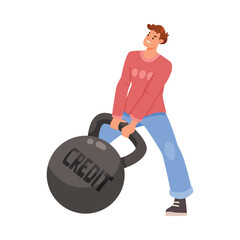 Man Character Dragging Heavy Kettlebell as Severity of Loan and Mortgage Vector Illustration