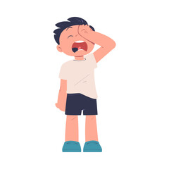 Little Boy Standing and Crying Being at Kindergarden Vector Illustration
