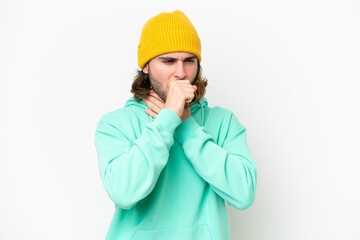 Young handsome man isolated on white chroma background is suffering with cough and feeling bad