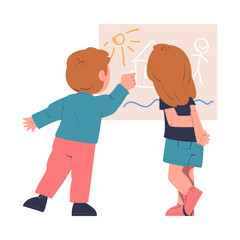 Little Boy and Girl Drawing on Wall Being at Kindergarden Vector Illustration