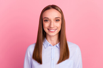 Closeup photo of beautiful pretty lady perfect hairstyle positive good mood isolated pink color background