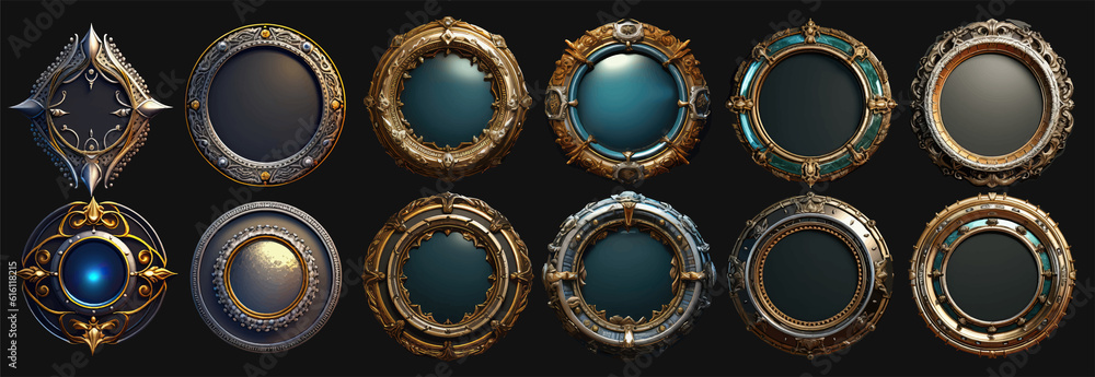 Poster game circle metal frames.cartoon set of user interface elements with metal border isolated gray back