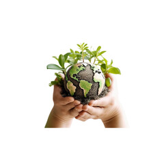 illustration of a male hand holding a globe-shaped plant in generative ai, in isolated cut out background