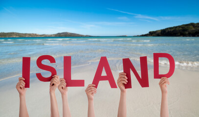 People Hands Building Word Island Means Iceland, Ocean And Sea