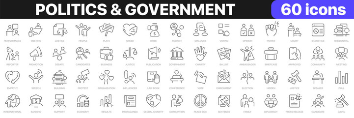 Politics and government line icons collection. Voting, power, corruption, law icons. UI icon set. Thin outline icons pack. Vector illustration EPS10