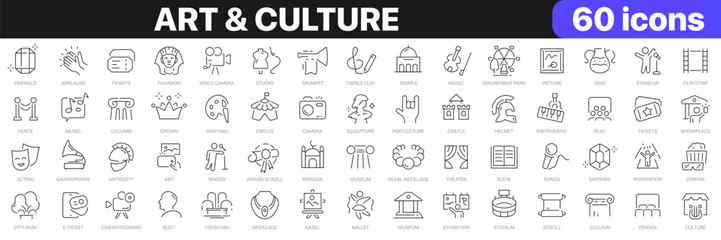 Art and culture line icons collection. Museum, history, buildings, music, entertainment icons. UI icon set. Thin outline icons pack. Vector illustration EPS10 - obrazy, fototapety, plakaty