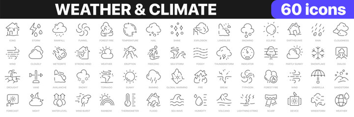 Weather and climate line icons collection. Natural disasters, nature, environment icons. UI icon set. Thin outline icons pack. Vector illustration EPS10