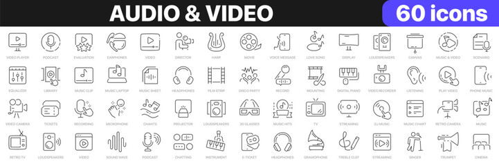 Audio and video line icons collection. Cinema, music, movie, streaming, instruments icons. UI icon set. Thin outline icons pack. Vector illustration EPS10