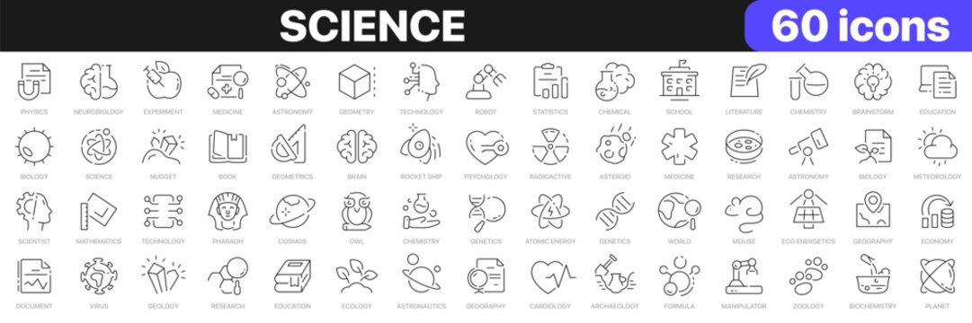 Science line icons collection. Education, learning, medicine, technology icons. UI icon set. Thin outline icons pack. Vector illustration EPS10
