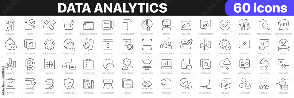 Poster data analytics line icons collection. processing, statistics, information, analysis, graphic icons. 
