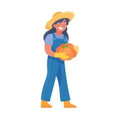 Harvesting Woman Character in Hat Holding Ripe Pumpkin Crop Vector Illustration