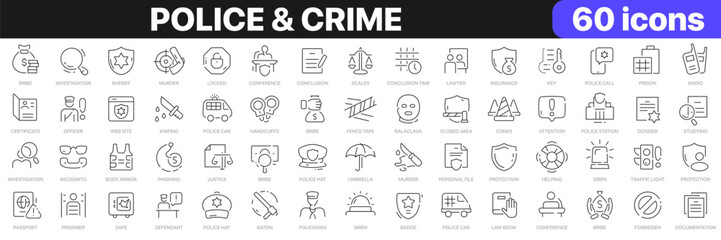 Police and crime line icons collection. Criminal, law, justice, emergency, warning icons. UI icon set. Thin outline icons pack. Vector illustration EPS10