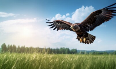 Obraz premium Bald Eagle Flying on Green Field Blue Sky Background. Generative Ai
