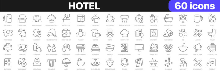 Hotel line icons collection. Service, feedback, interior, reception, restaurant icons. UI icon set. Thin outline icons pack. Vector illustration EPS10