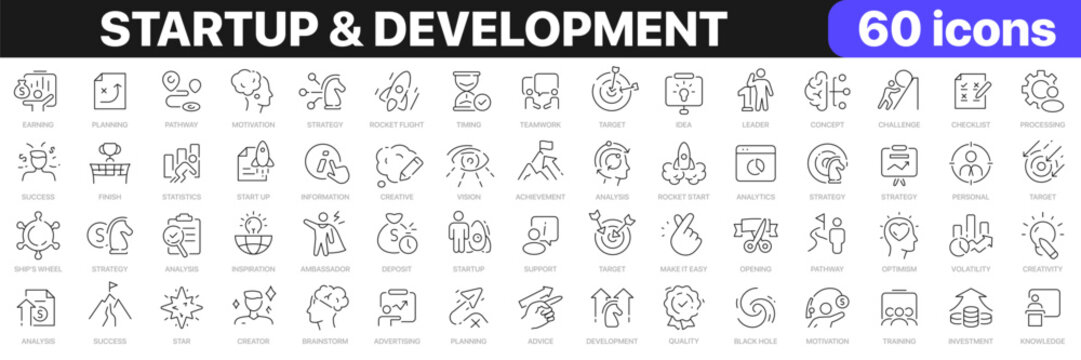 Startup and development line icons collection. Business, concept, strategy, vision, rocket icons. UI icon set. Thin outline icons pack. Vector illustration EPS10