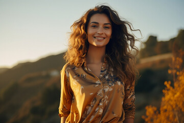 Young woman in a shirt and leggings nature-inspired