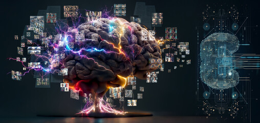 concept of a human brain full with creativity, shows multiple colors and action - generative ai image