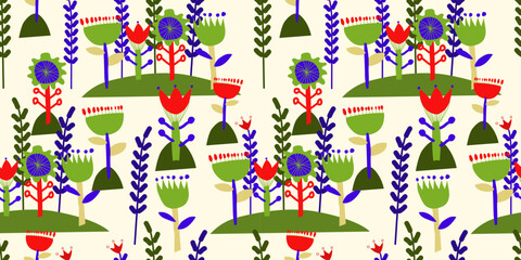 Fototapeta premium Vector summer pattern in blue and red shades in floral stylized flowers on a monochromatic isolated background