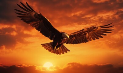 Plakat Bald Eagle Flying on Sunset Background. Generative Ai
