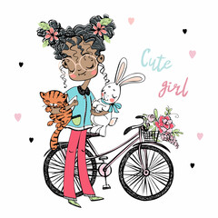 A pretty fashionista is a dark-skinned girl with a cat and a bunny, a bicycle. Vector.