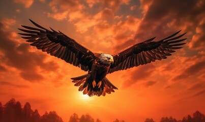 Fototapeta na wymiar Bald Eagle Flying on Sunset Background. Generative Ai