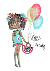 Cute dark-skinned girl with balloons. A little beauty. Vector illustration.