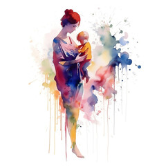 Watercolor Illustration of mother with her child. Concept of a mothers day, mothers love, relationships between mother and child. Generative AI