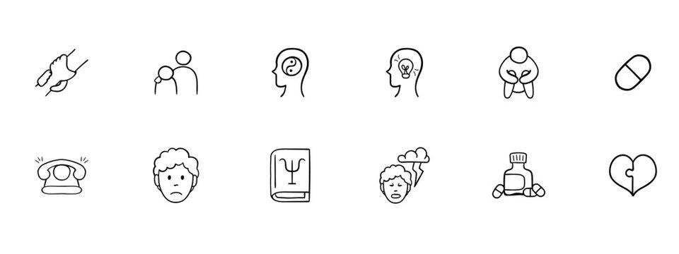 Professional psychological assistance and counseling services. Self-discovery, stress management, coping strategies, relationship issues. Vector black icon