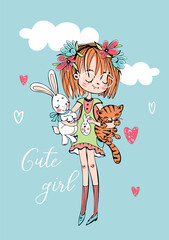 Cute girl with a cat and a bunny. Vector illustration