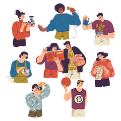 Happy People Characters Enjoying Their Hobbies Vector Set