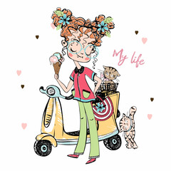Cute teen fashionista with a cat, with a scooter . My life. Vector