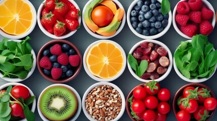 Schüsseln mit gesundm Obst und Gemüse, Gesundheit, Ernährung, Diät, generative AI
