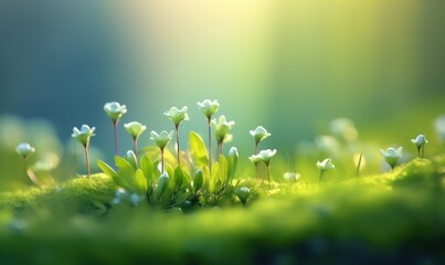 Beautiful Little Flower on Light Green Blur Background. Generative Ai