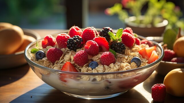 Gesundes Obst und Hafeflocken in einer Schüssel morgens auf dem Frühstückstisch, generative AI	