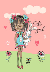 Cute girl with a bunny. Vector illustration
