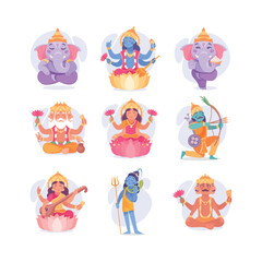 Ancient Indian Hindu Gods and Deity Vector Set
