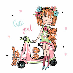 Cute girl with cats near her scooter. Vector illustration.