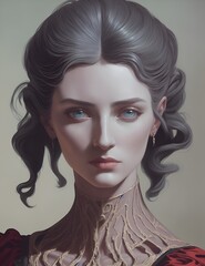 A woman in fantasy form. Realistic painting. Painting for the interior. Beautiful girl. Heroine in retro style. Generative AI.