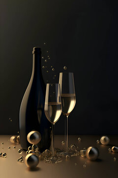 A bottle of golden champagne with glasses on a black background, Generative AI