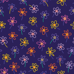 Seamless pattern of simple flowers. Collection of hand drawn natural elements. thin line Florals. simple Print on a violet background